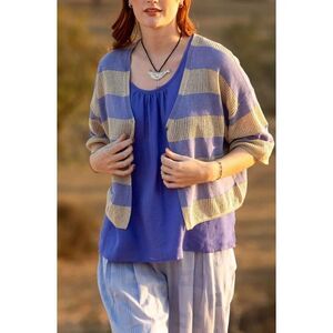 Gudrun Sjoden button front linen blend striped cardigan sweater size Medium
